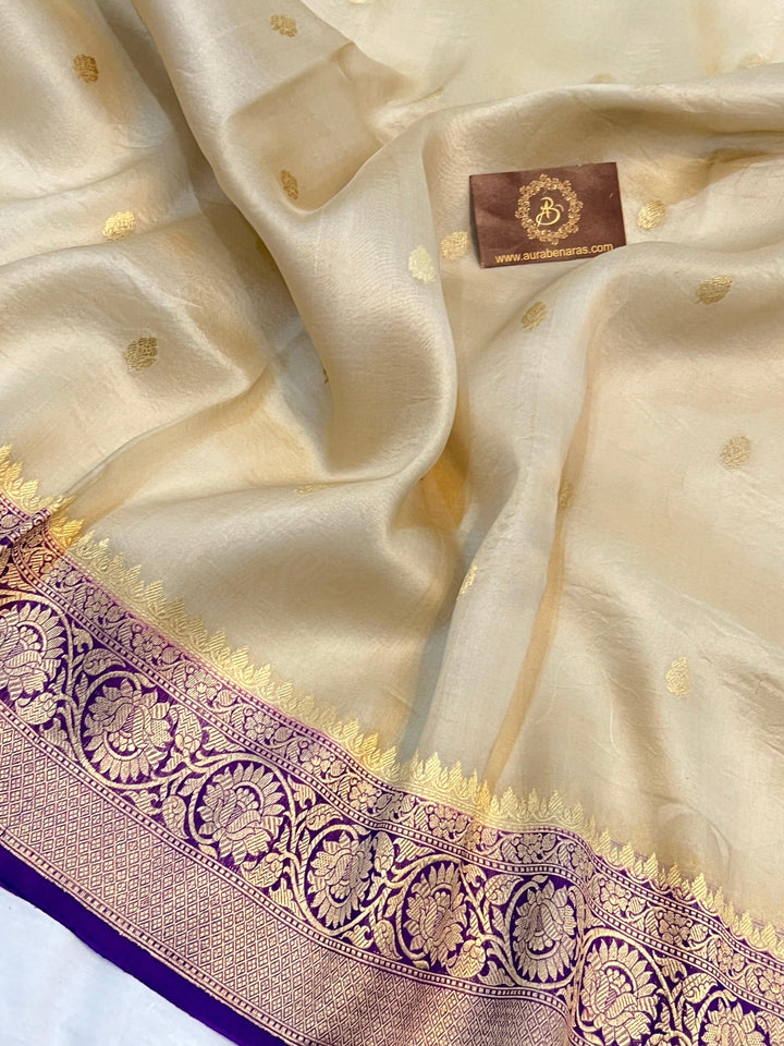 Beige Banarasi Handloom Kora Silk Saree - Aura Benaras