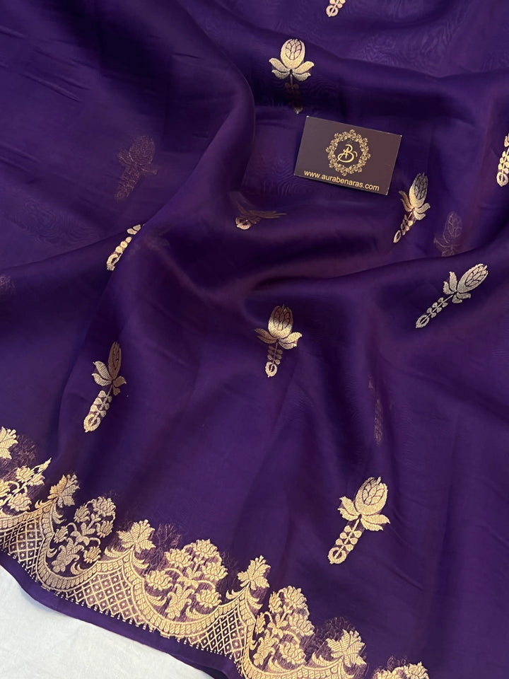 Purple Pure Kora Silk Handloom Banarasi Saree