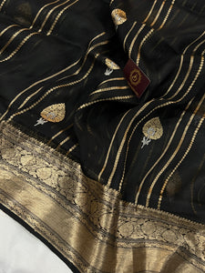 Black Pure Banarasi Handloom Kora Silk Saree - Aura Benaras