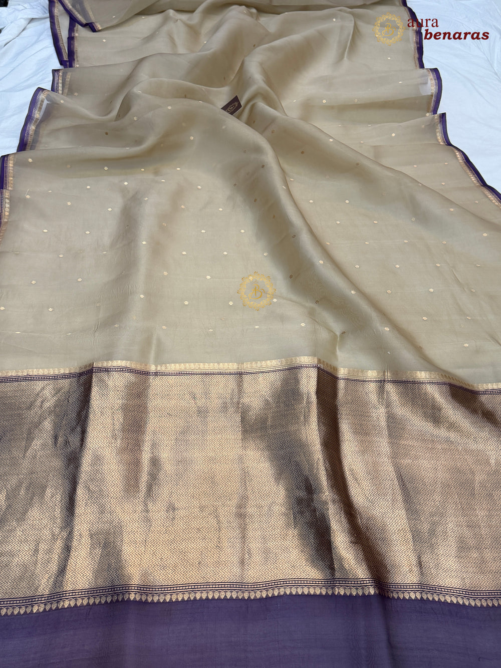 Beige Kora Silk Banarasi Saree with Zari Butis 