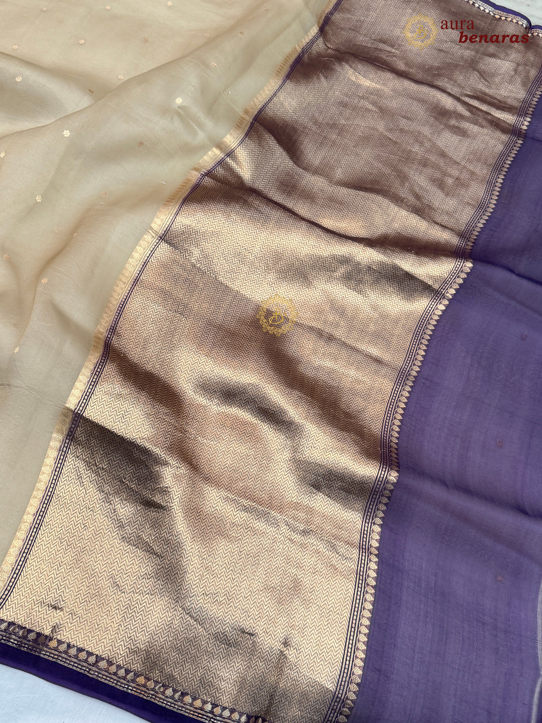 Beige Kora Silk Banarasi Saree with Zari Butis 