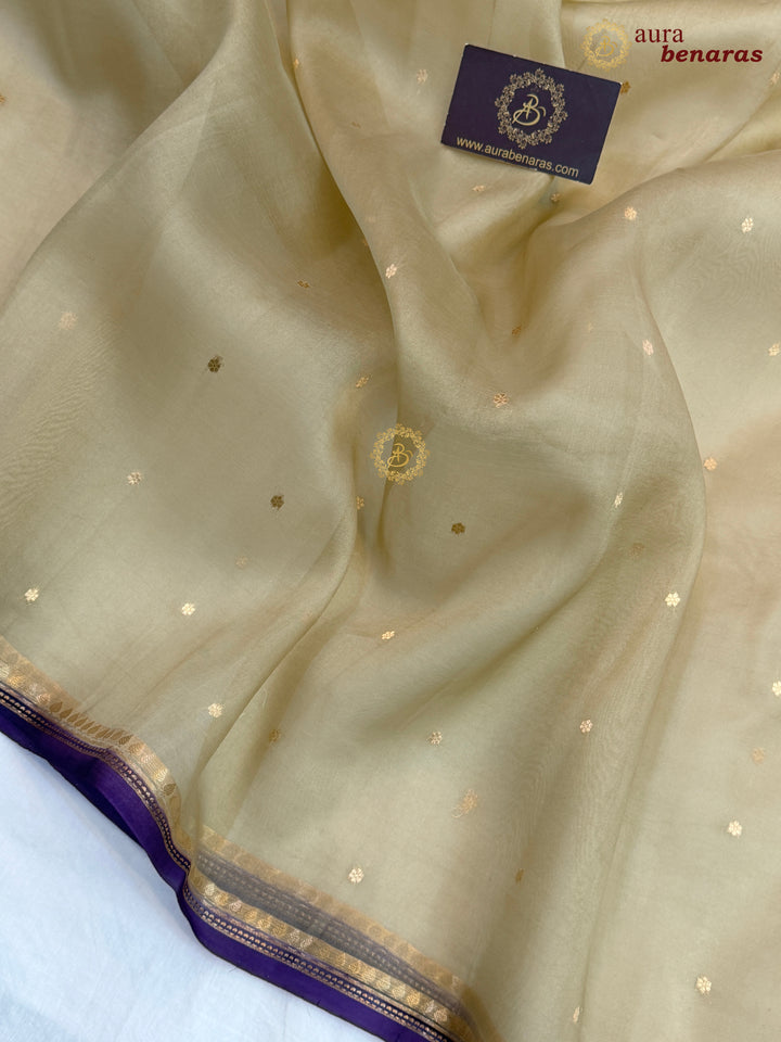 Beige Kora Silk Banarasi Saree with Zari Butis 