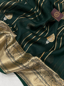 Bottle Green Pure Banarasi Handloom Kora Silk Saree - Aura Benaras