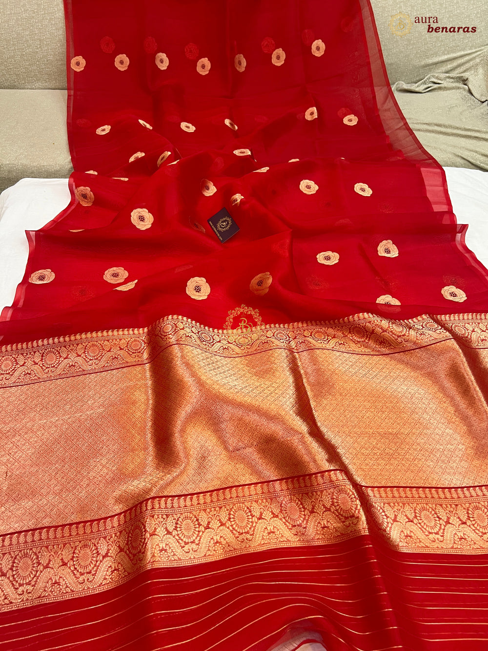 Red Pure Kora Silk Saree with Kadhwa Floral Butas & Meenakari