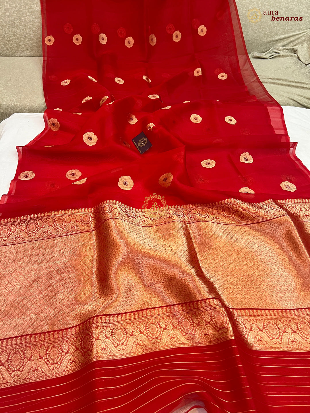 Red Pure Kora Silk Saree with Kadhwa Floral Butas & Meenakari