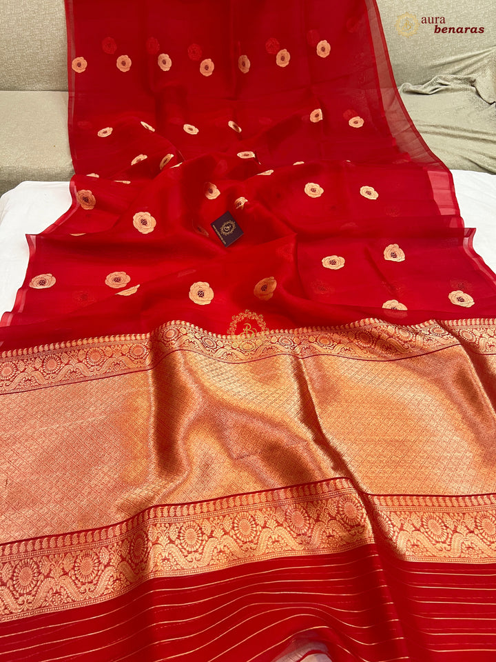 Red Pure Kora Silk Saree with Kadhwa Floral Butas & Meenakari