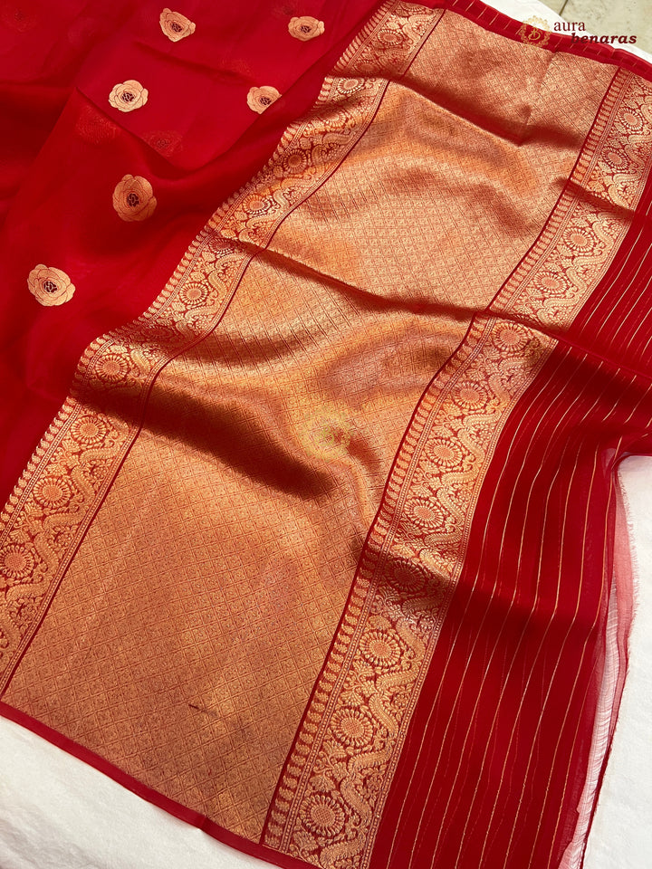 Red Pure Kora Silk Saree with Kadhwa Floral Butas & Meenakari