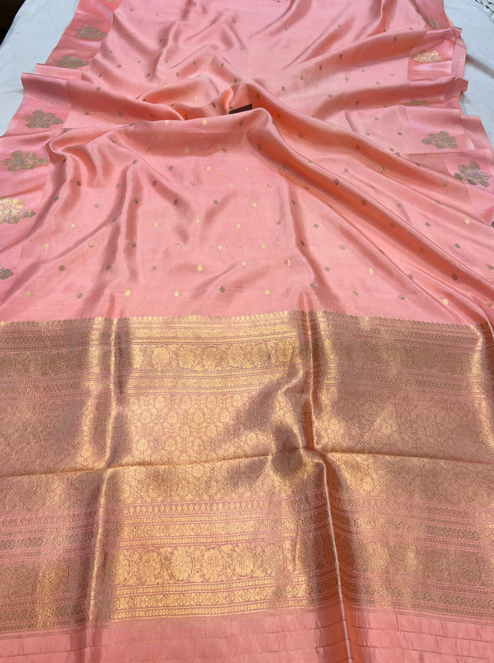Peach Pure Banarasi Handloom Silk Saree - Aura Benaras