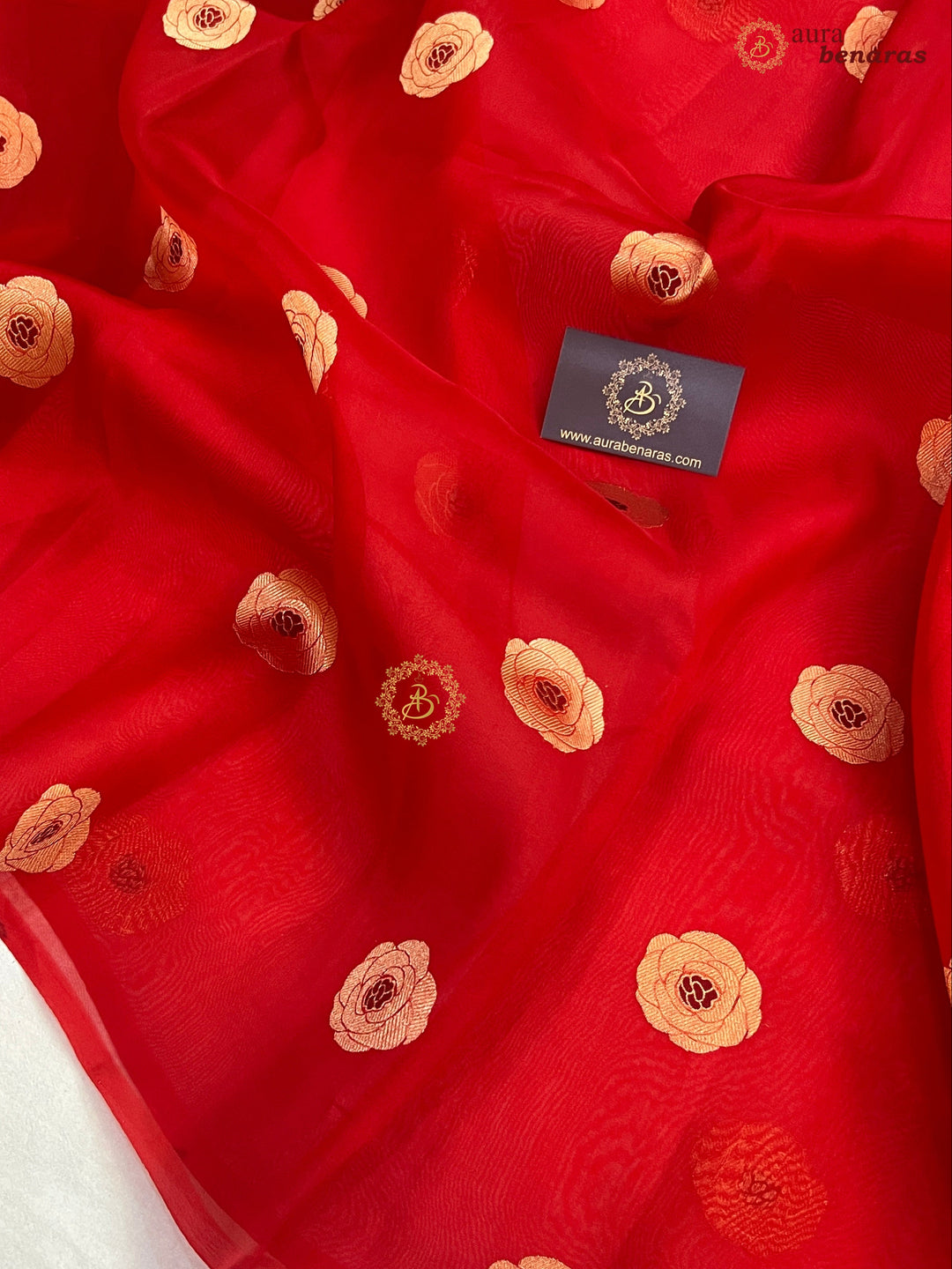 Red Pure Kora Silk Saree with Kadhwa Floral Butas & Meenakari