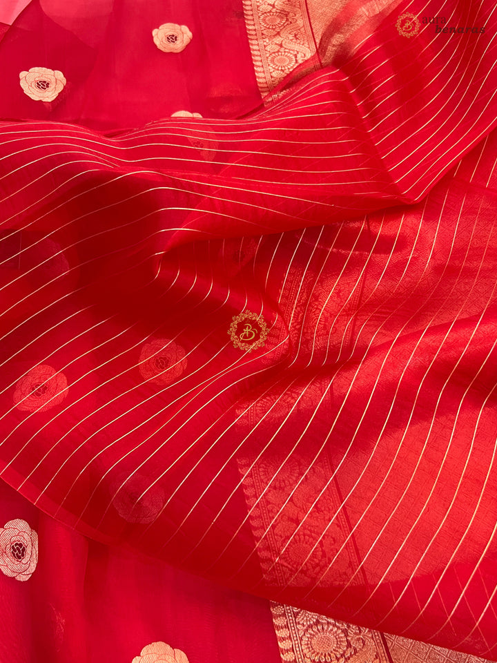 Red Pure Kora Silk Saree with Kadhwa Floral Butas & Meenakari