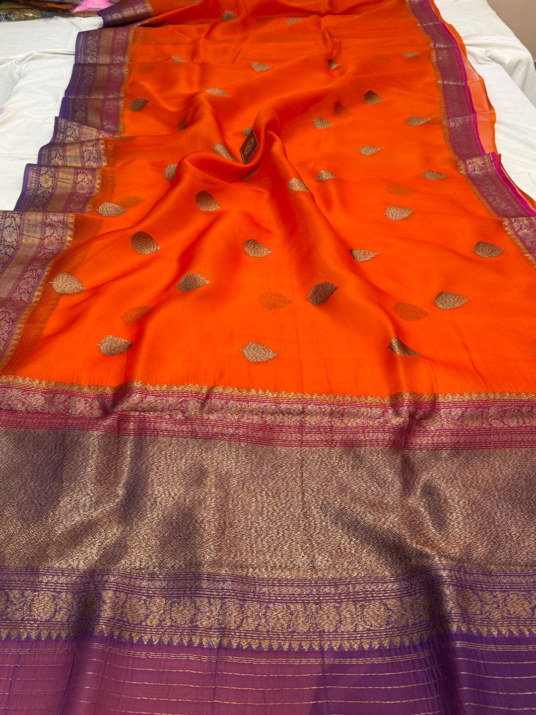 Orange Pure Kora Silk Handloom Banarasi Saree