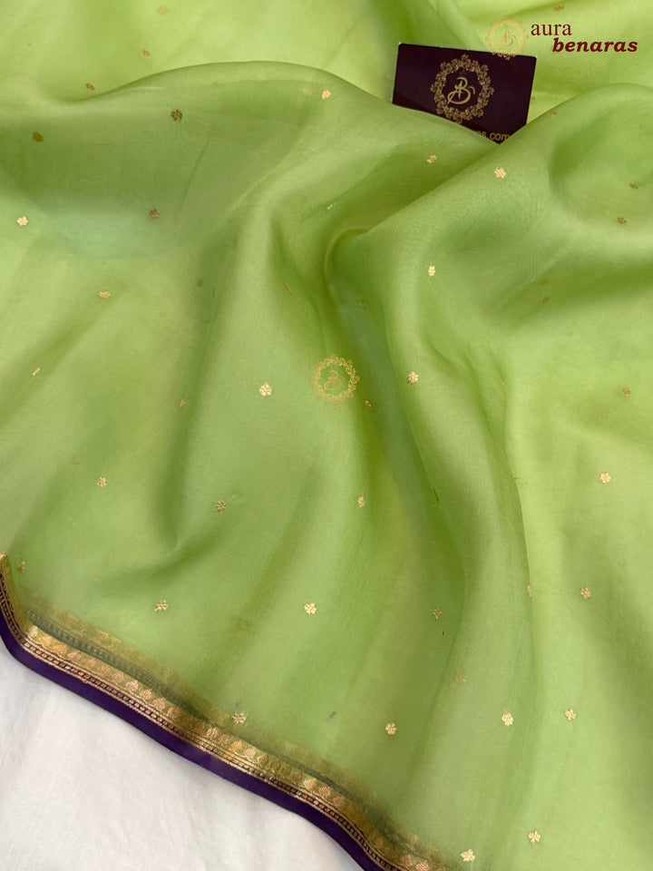 Pista Green Kora Silk Banarasi Saree with Zari Butis 