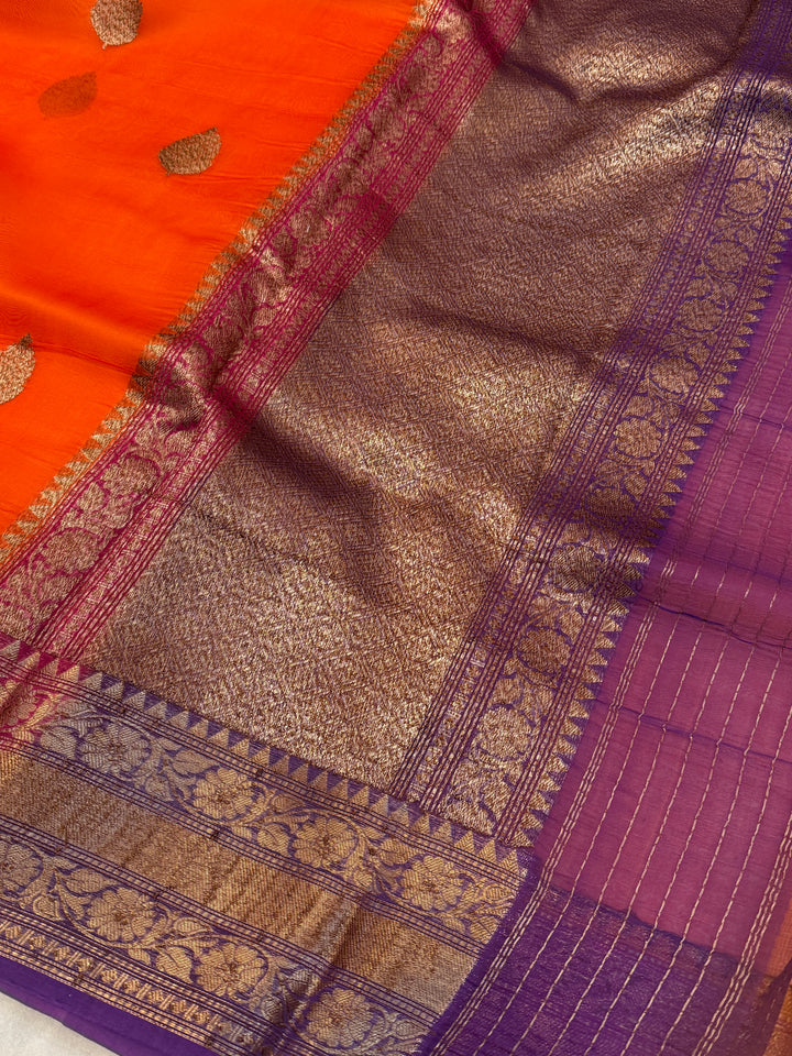 Orange Pure Kora Silk Handloom Banarasi Saree