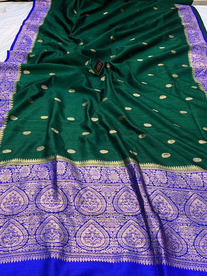 Bottle Green Pure Raw Silk Handloom Banarasi Saree
