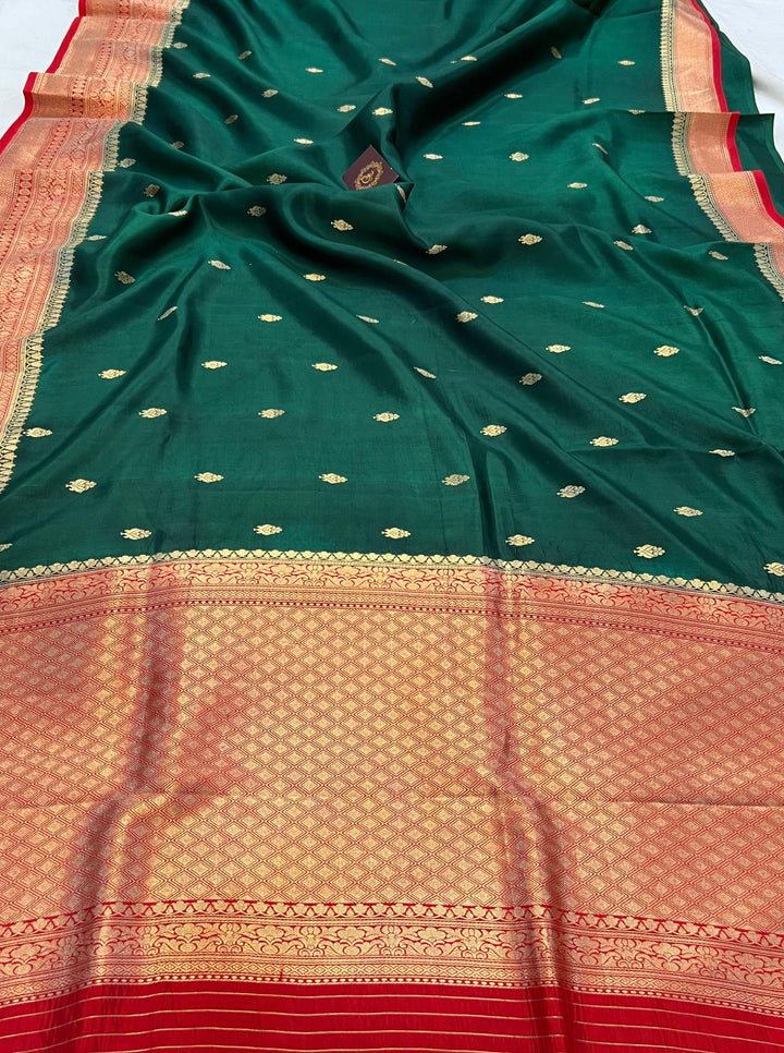 Bottle Green Pure Banarasi Handloom Silk Saree - Aura Benaras