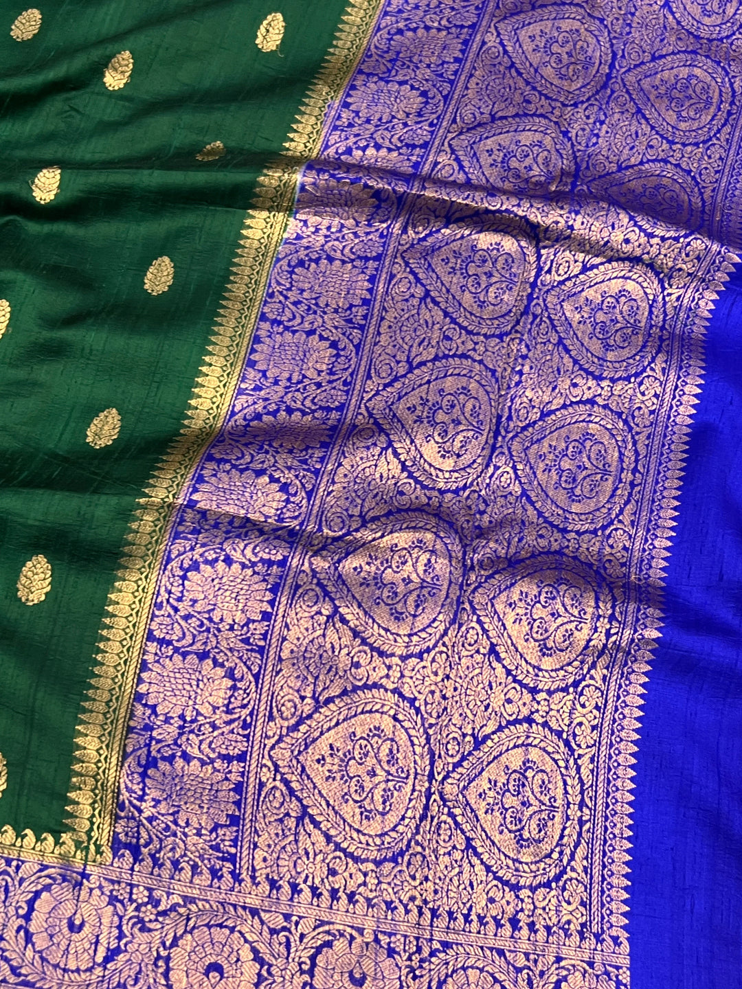 Bottle Green Pure Raw Silk Handloom Banarasi Saree