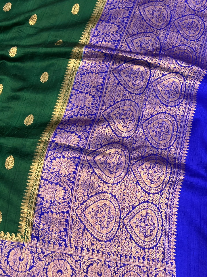 Bottle Green Pure Raw Silk Handloom Banarasi Saree