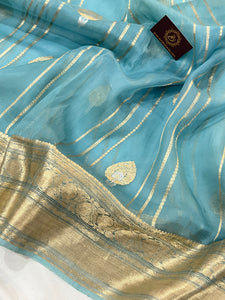 Pastel Blue Pure Banarasi Handloom Kora Silk Saree - Aura Benaras
