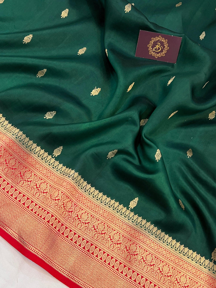 Bottle Green Pure Banarasi Handloom Silk Saree - Aura Benaras
