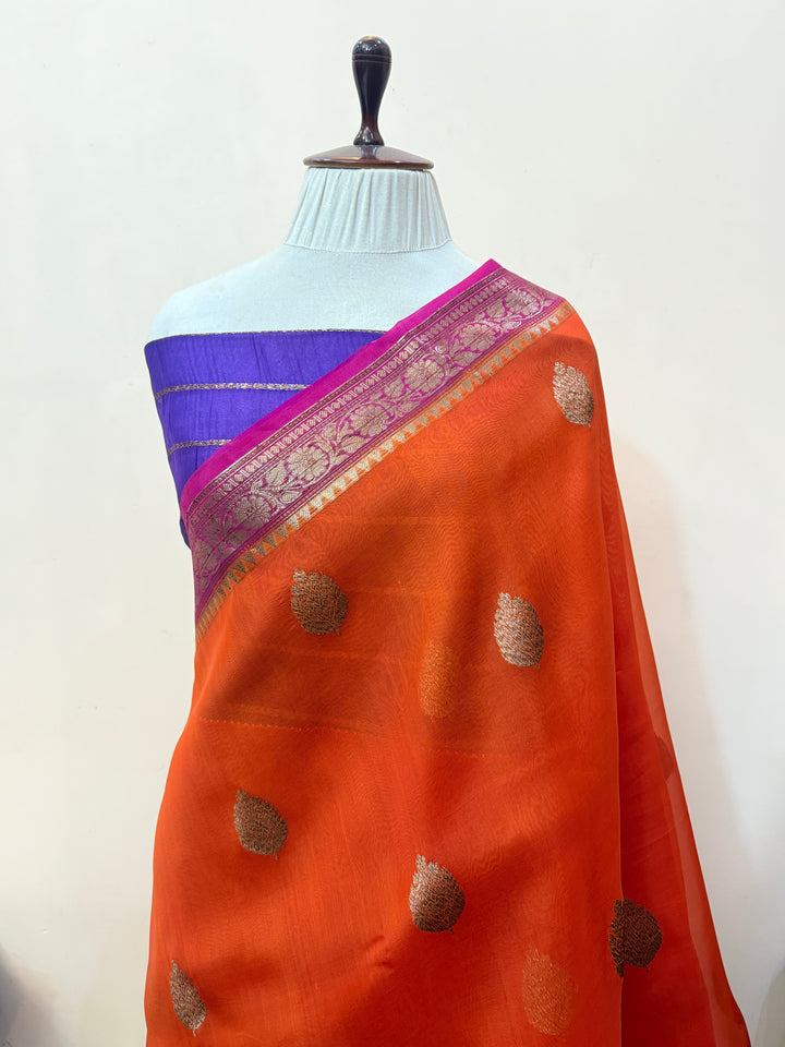 Orange Pure Kora Silk Handloom Banarasi Saree