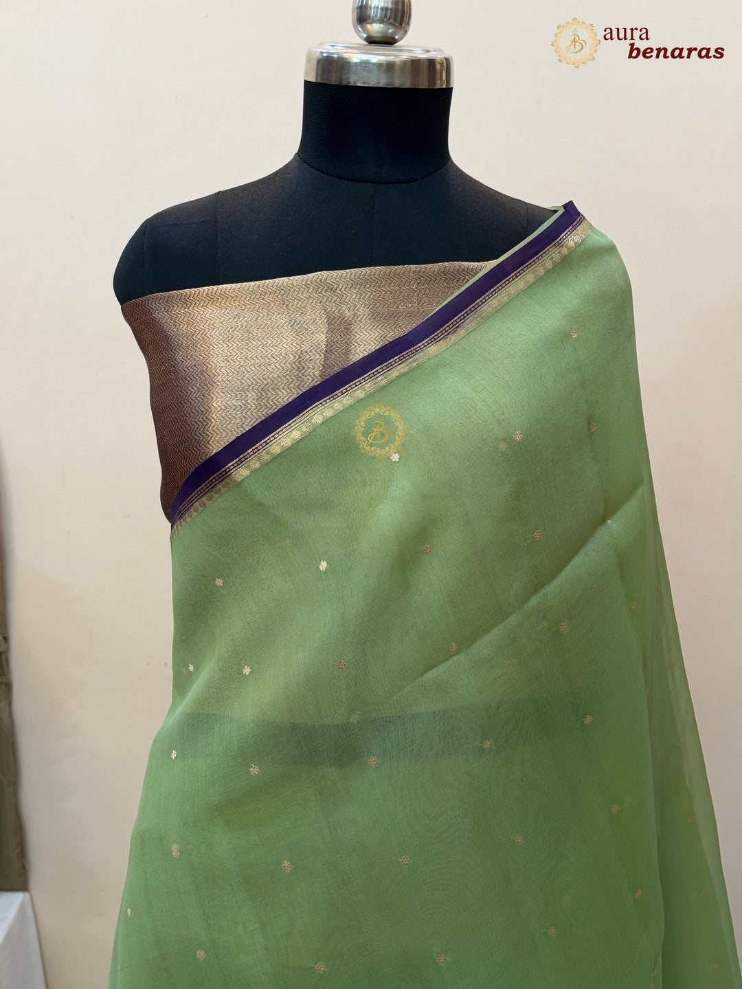 Pista Green Kora Silk Banarasi Saree with Zari Butis 