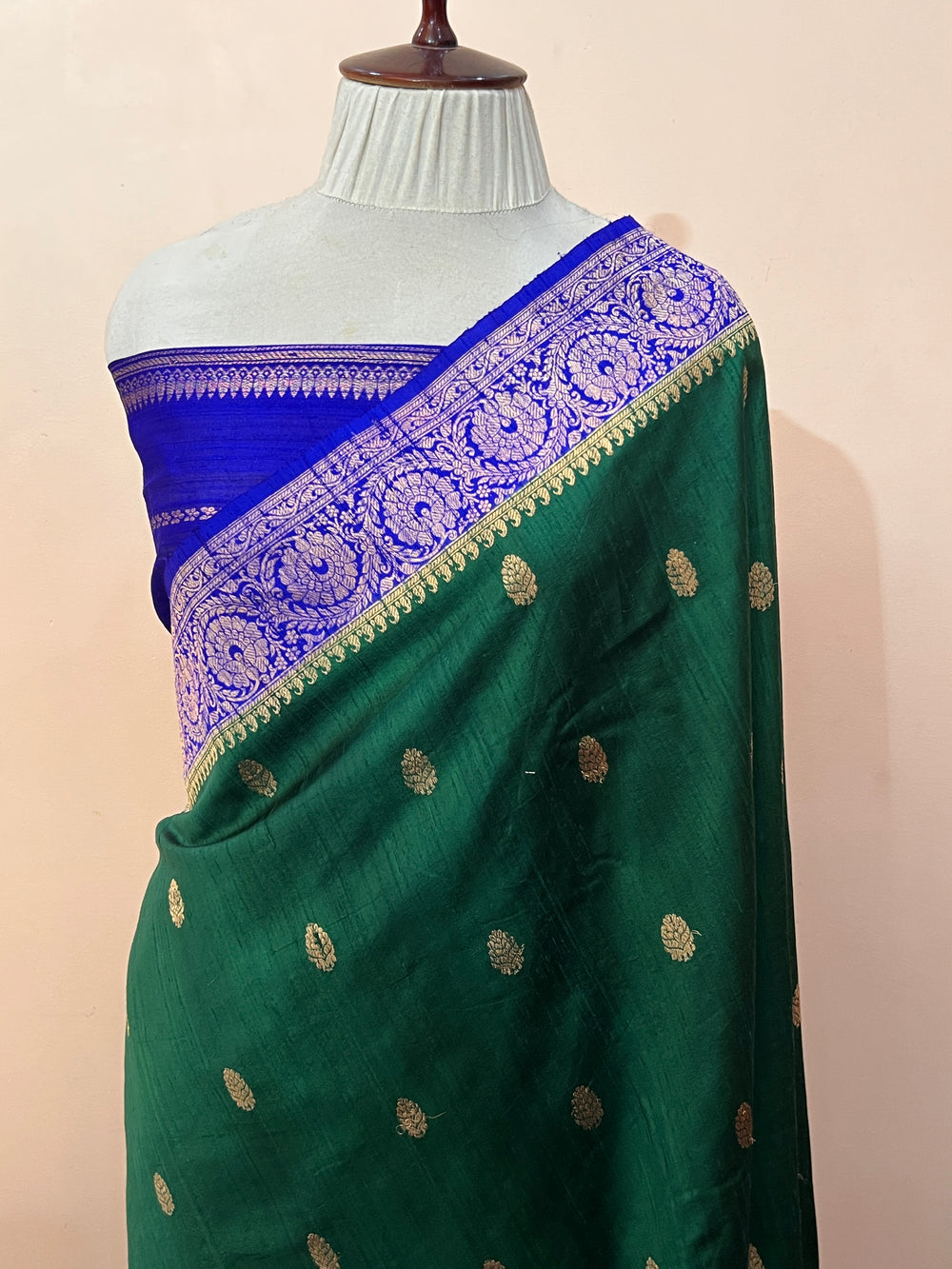 Bottle Green Pure Raw Silk Handloom Banarasi Saree