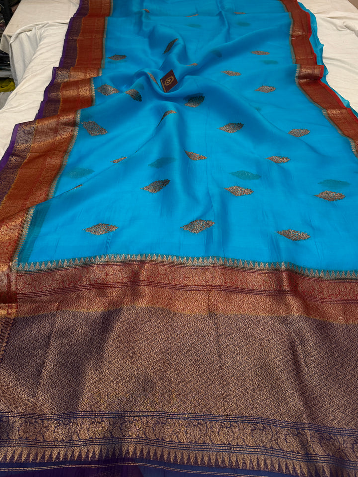 Sky Blue Pure Kora Silk Handloom Banarasi Saree