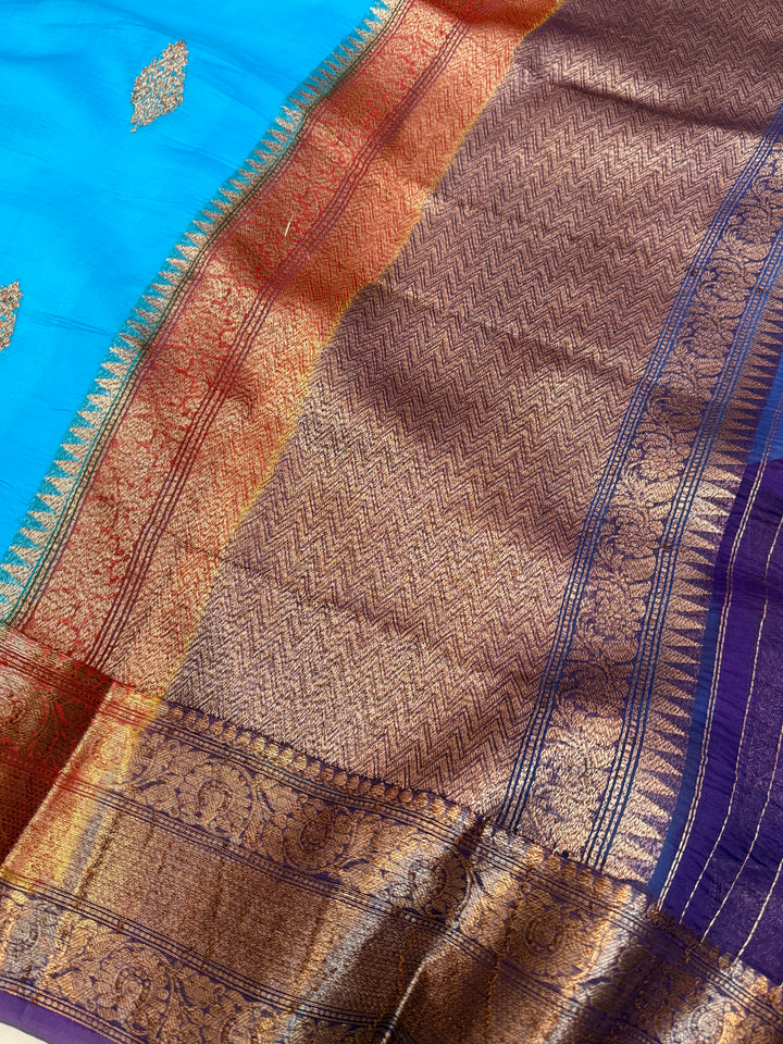 Sky Blue Pure Kora Silk Handloom Banarasi Saree