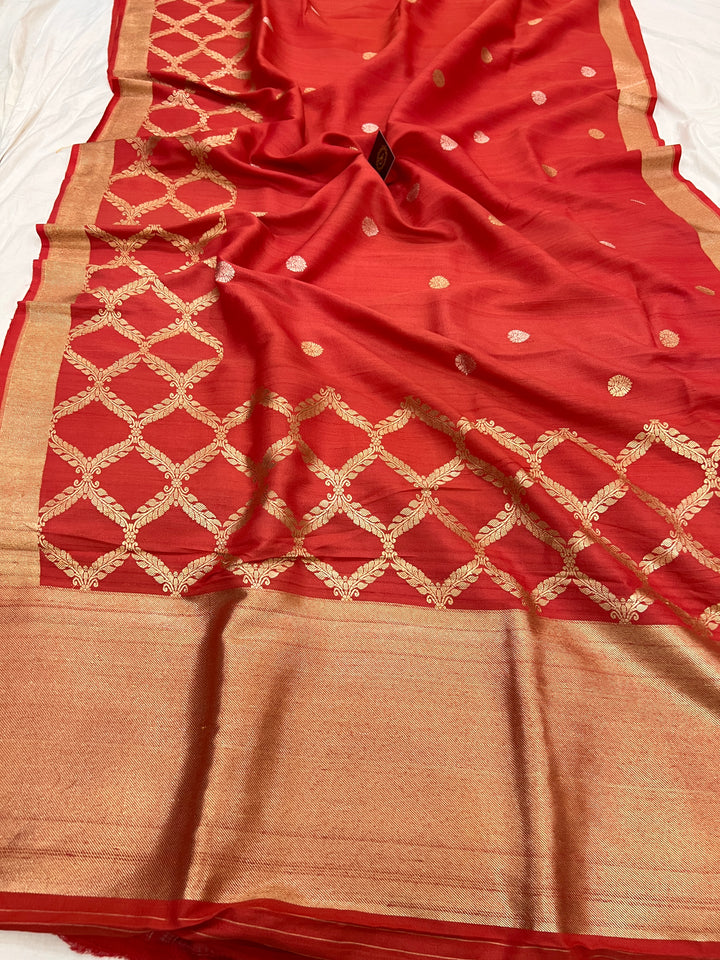 Rust Orange Pure Tussar Silk Handloom Banarasi Saree