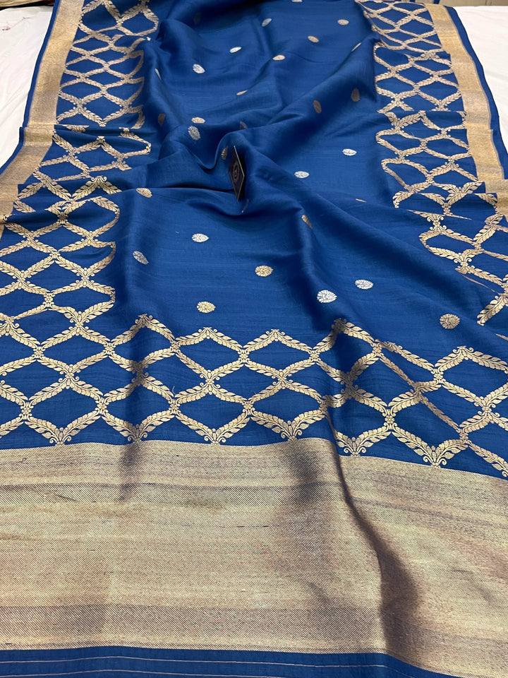 Persion Blue Pure Tussar Silk Handloom Banarasi Saree