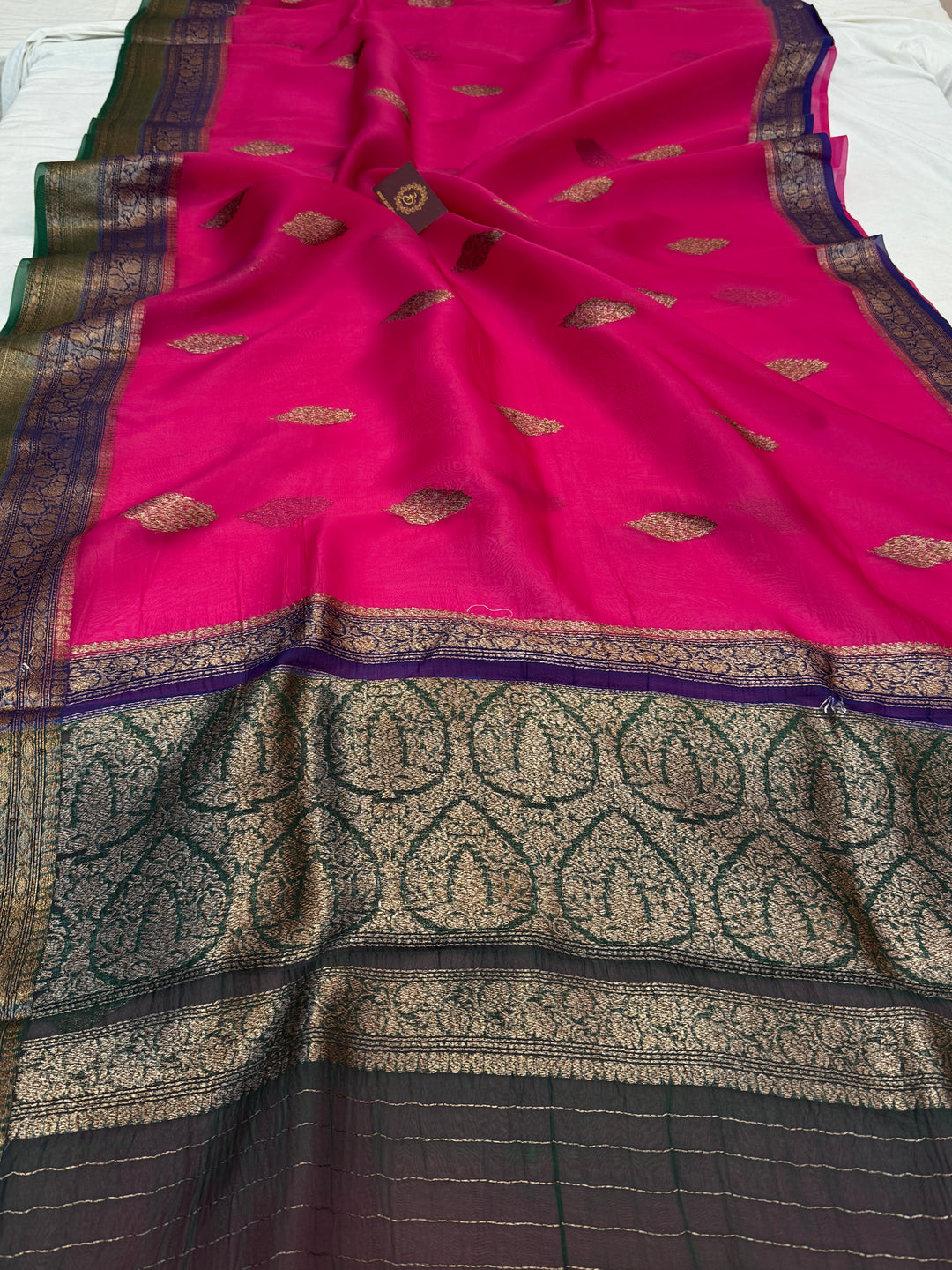 Rani Pink Pure Kora Silk Handloom Banarasi Saree