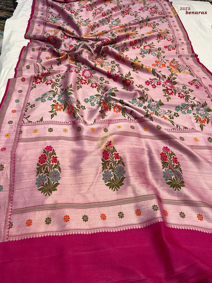 Rani Pink Tussar Georgette Banarasi Saree with Tilfi Meenakari