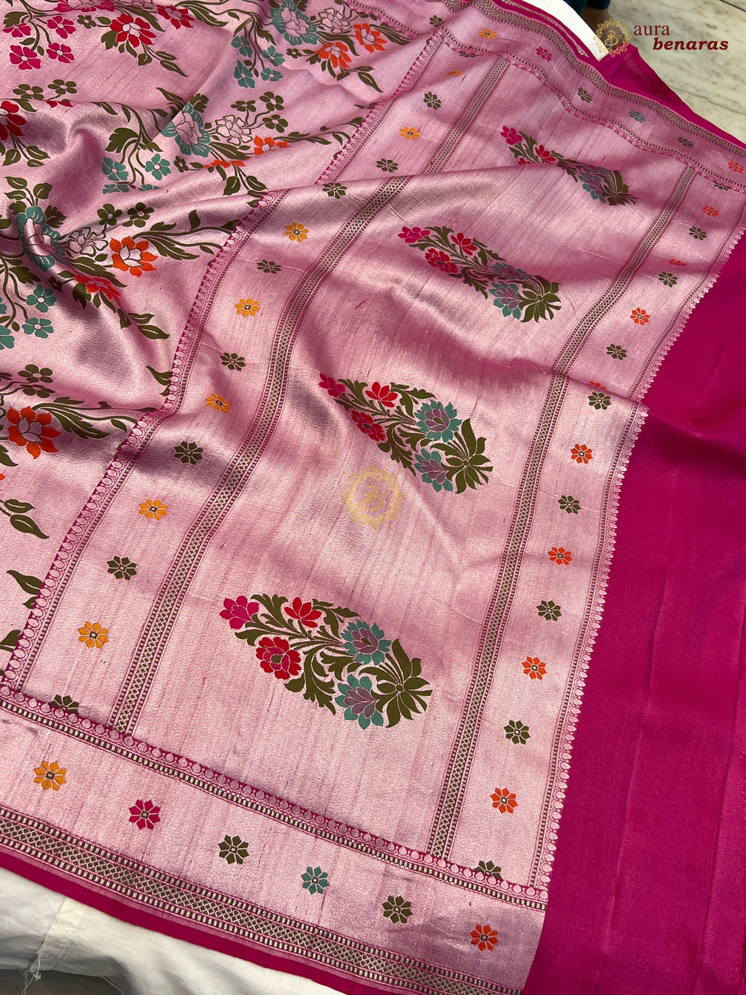 Rani Pink Tussar Georgette Banarasi Saree with Tilfi Meenakari