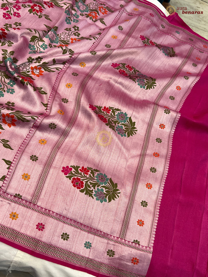 Rani Pink Tussar Georgette Banarasi Saree with Tilfi Meenakari