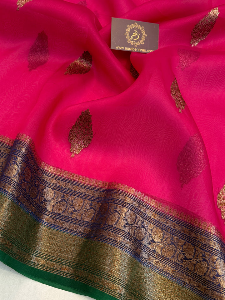 Rani Pink Pure Kora Silk Handloom Banarasi Saree