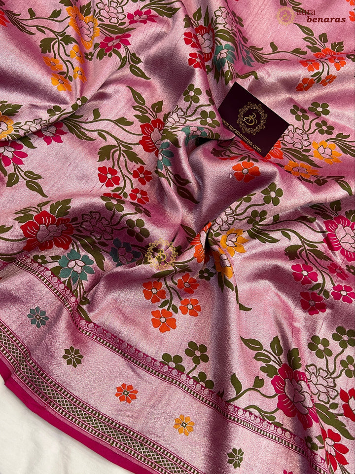 Rani Pink Tussar Georgette Banarasi Saree with Tilfi Meenakari