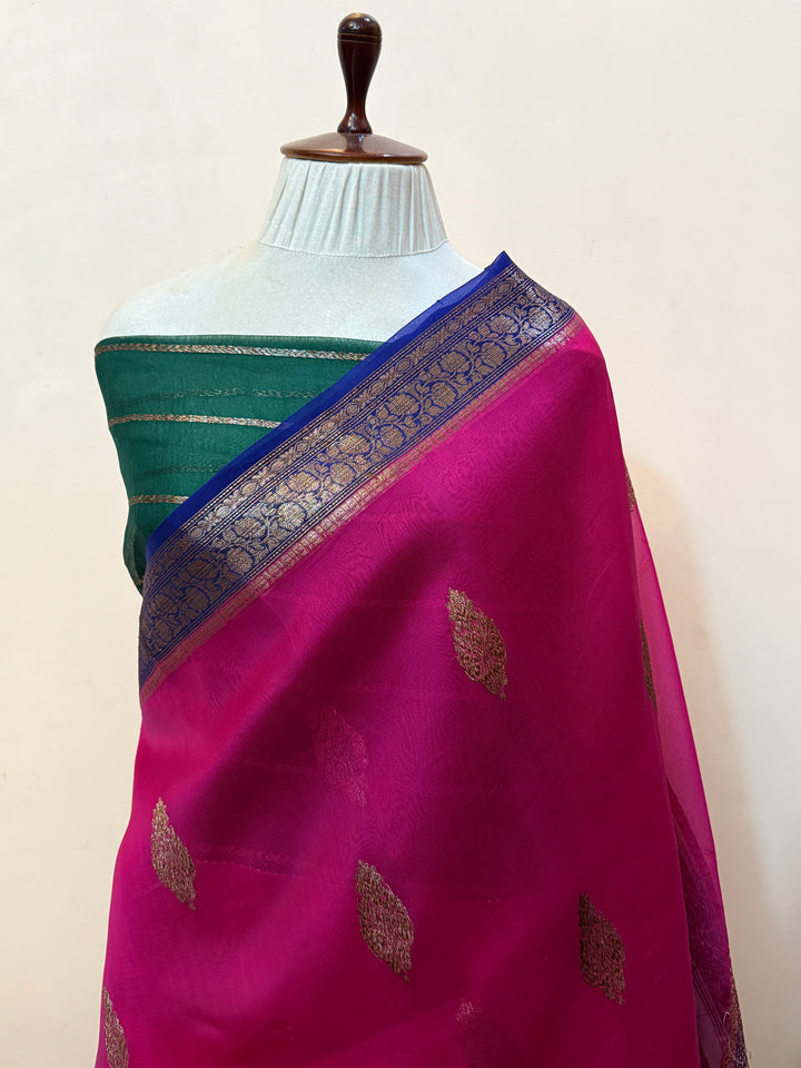 Rani Pink Pure Kora Silk Handloom Banarasi Saree