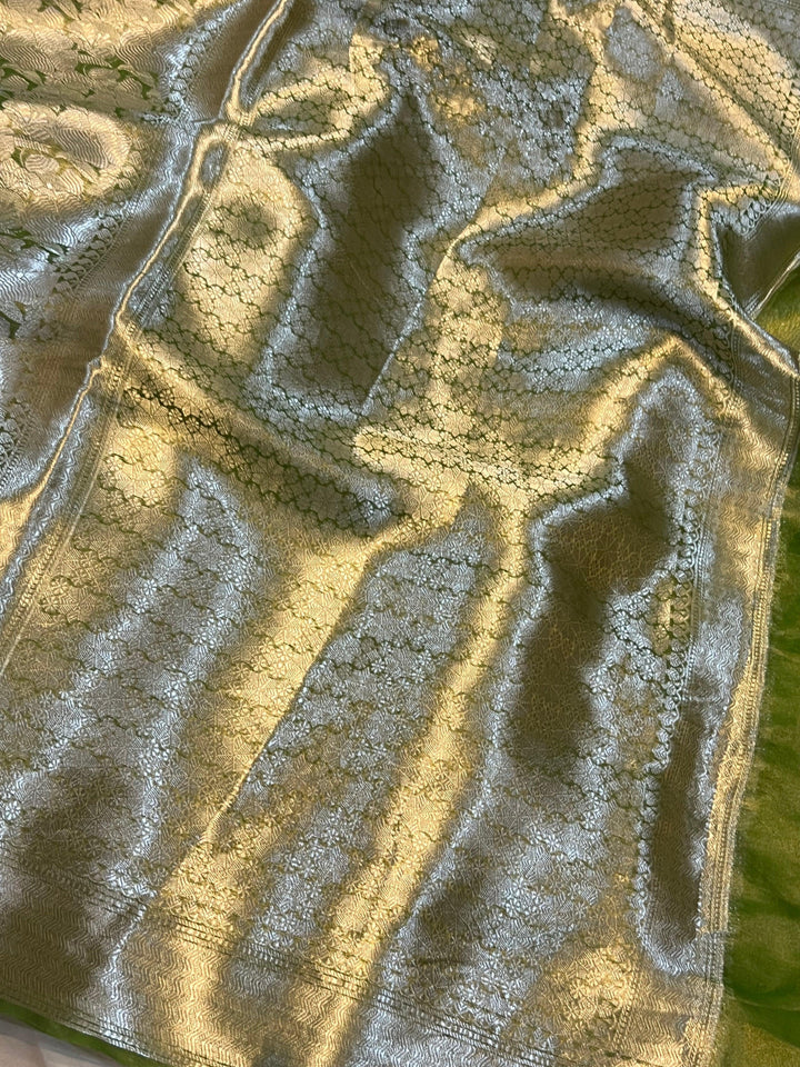 Parrot Green Banarasi Handloom Tissue Silk Saree