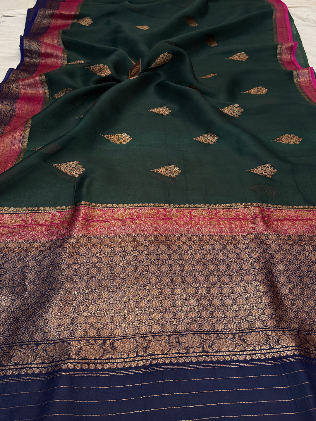 Bottle Green Pure Kora Silk Handloom Banarasi Saree