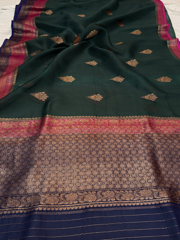 Bottle Green Pure Kora Silk Handloom Banarasi Saree