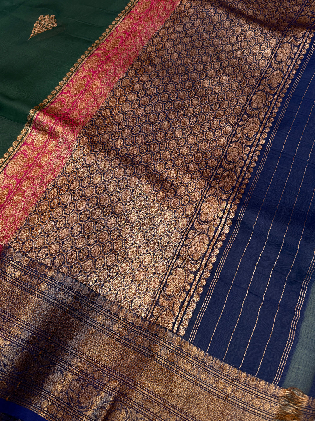 Bottle Green Pure Kora Silk Handloom Banarasi Saree