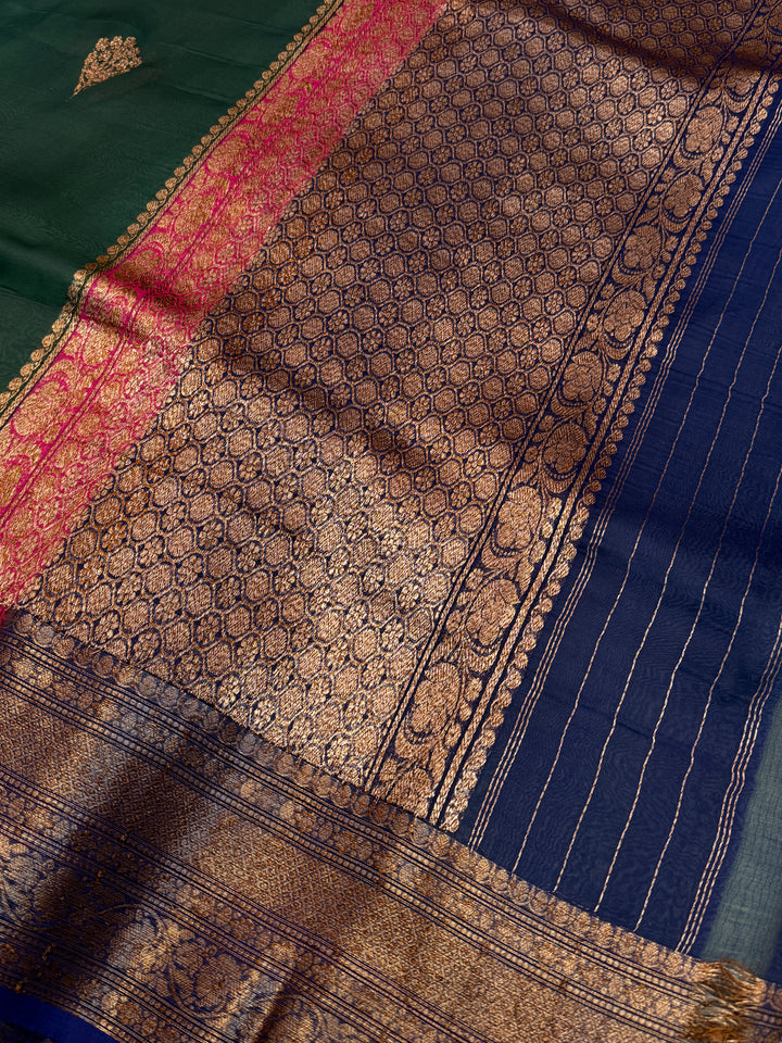 Bottle Green Pure Kora Silk Handloom Banarasi Saree