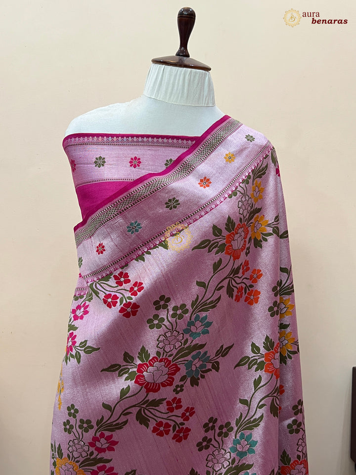 Rani Pink Tussar Georgette Banarasi Saree with Tilfi Meenakari