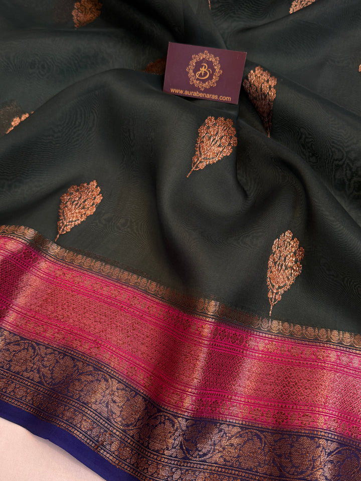 Bottle Green Pure Kora Silk Handloom Banarasi Saree