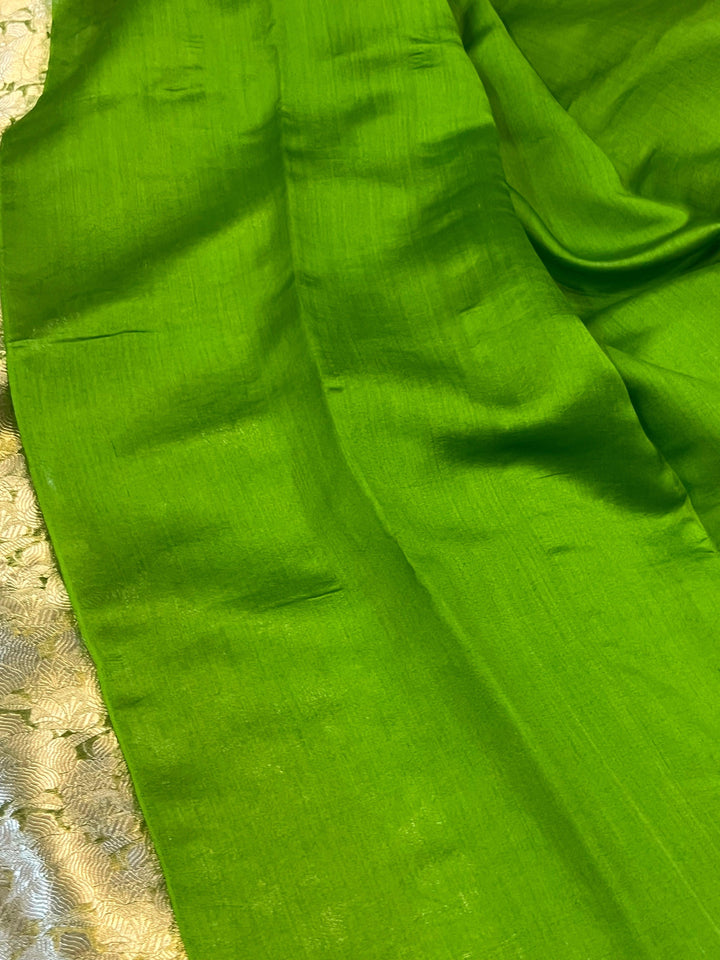 Pure Banarasi handloom tissue silk saree by Aura Benaras featuring intricate brocade work and a plain blouse piece—ideal for weddings and festive occasions.