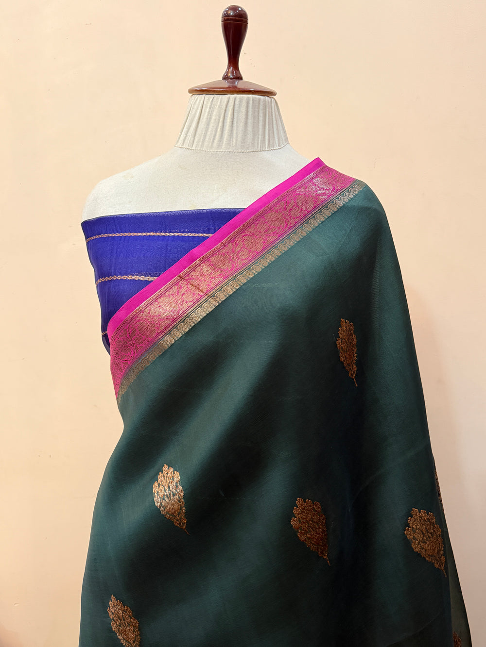 Bottle Green Pure Kora Silk Handloom Banarasi Saree