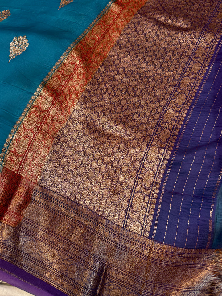 Rama Blue Pure Kora Silk Handloom Banarasi Saree