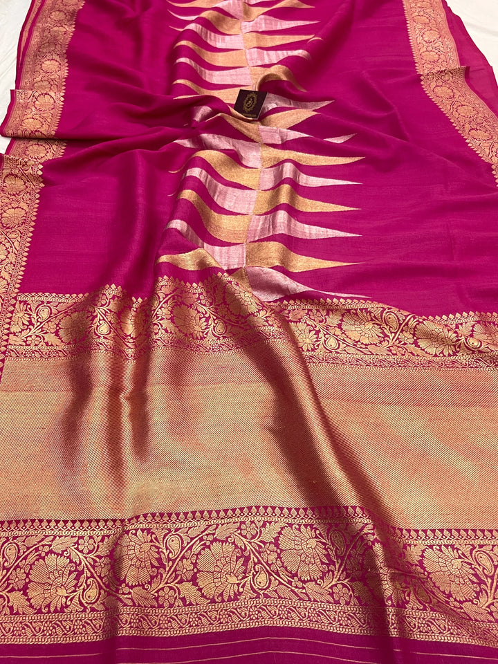 Rani Pink Pure Tussar Silk Handloom Banarasi Saree
