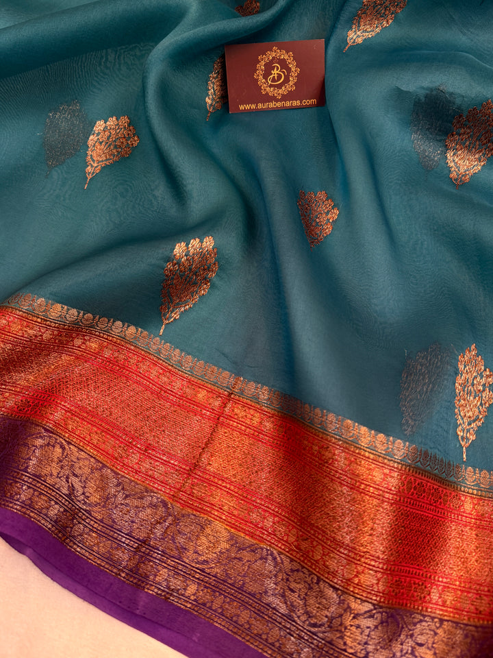 Rama Blue Pure Kora Silk Handloom Banarasi Saree