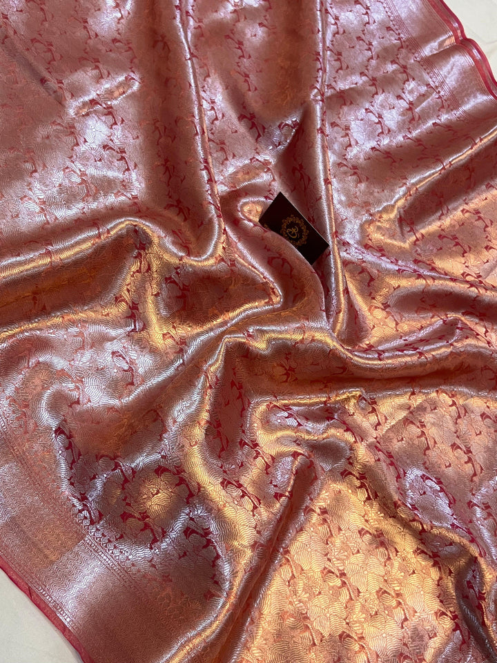 Pure Banarasi handloom tissue silk saree by Aura Benaras featuring intricate brocade work and a plain blouse piece—ideal for weddings and festive occasions